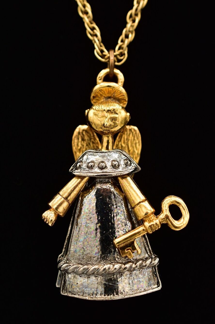 Vintage Guardian Angel Necklace Heavy Pendant Gold Silver Chunky 1980s BinA17